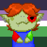 Pixel art of a person with green skin, red hair, and a red flower over its eye. it wears a black shirt, a jean jacket with pins, and the circular background is the nonbinary pride flag.